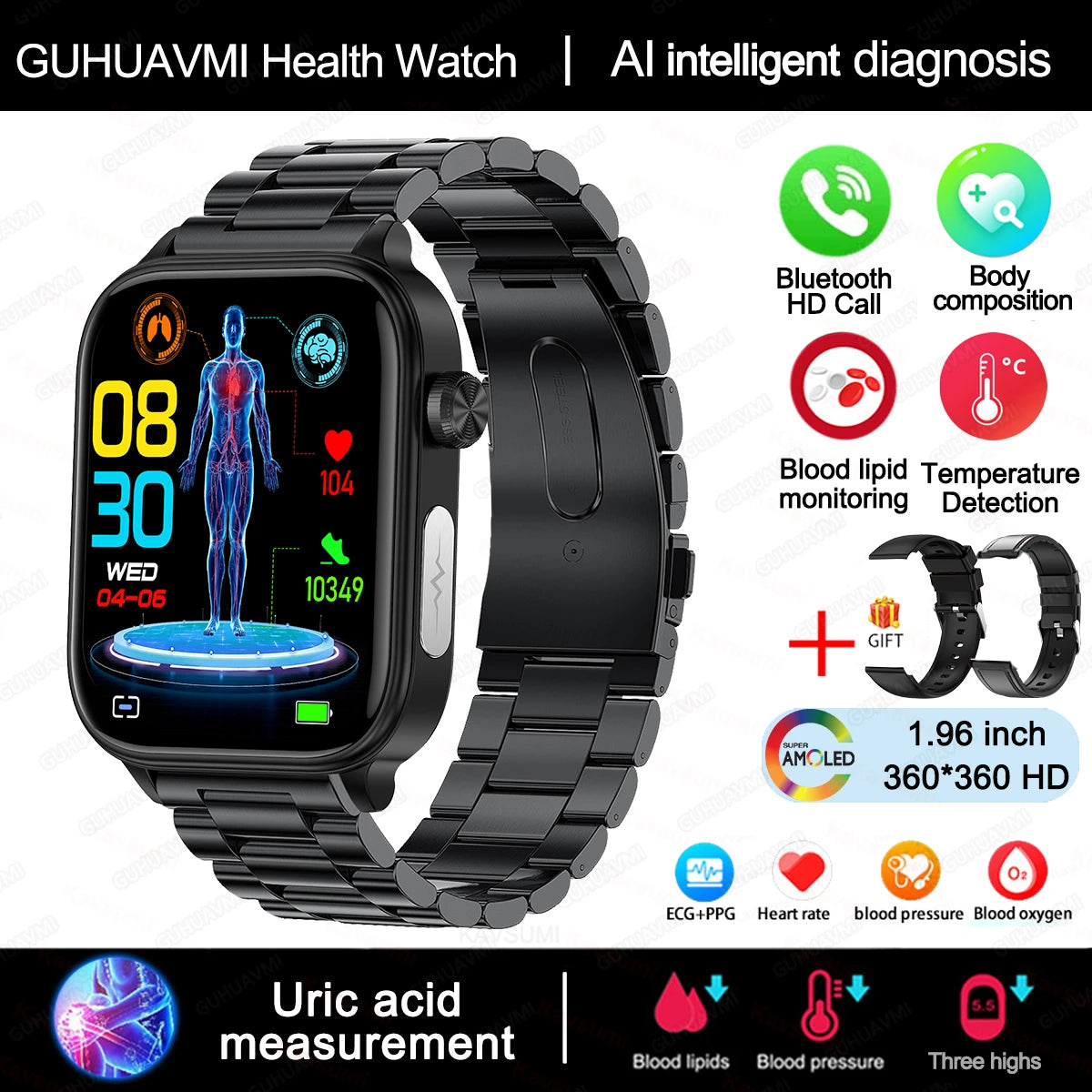 2025 novo al ciência diagnóstico lipídios no sangue ácido úrico oxigênio no sangue relógio inteligente masculino ecg + ppg voz bluetooth chamada saúde smartwatch
