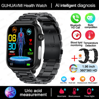 2025 novo al ciência diagnóstico lipídios no sangue ácido úrico oxigênio no sangue relógio inteligente masculino ecg + ppg voz bluetooth chamada saúde smartwatch