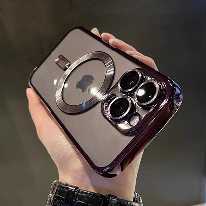 Chapeamento Magnético de Luxo Caso Transparente, Carregamento Sem Fio Magsafe, iPhone 11, 12, 13, 14, 15, 16 Pro Max Plus, Capa de Silicone à Prova de Choque