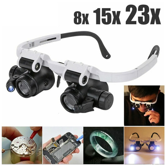 2XLED Relógio Joalheiro Reparação Lupa Cabeça-Montado Headband Ajustável Lupa Cabeça Olho Óculos Lente Lupa 8X 15X 23X