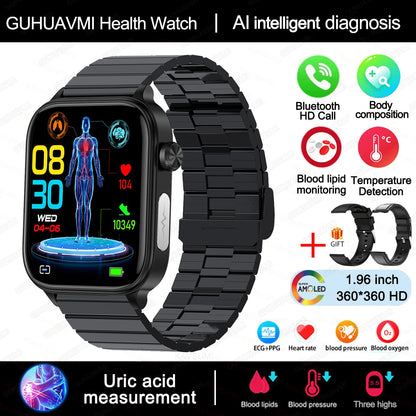 2025 novo al ciência diagnóstico lipídios no sangue ácido úrico oxigênio no sangue relógio inteligente masculino ecg + ppg voz bluetooth chamada saúde smartwatch