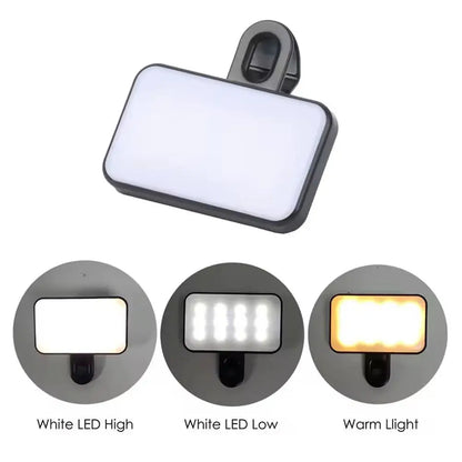 Mini luz de preenchimento portátil para selfie, recarregável, 3 modos de brilho ajustável, clipe para celular, maquiagem, computador, luz de preenchimento