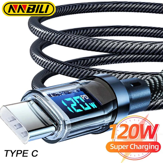 Nnbili 120w tipo c para tipo c cabo de telefone cabo de carregamento super rápido com display led usb para tipo-c cabo de dados para huawei oppo vivo