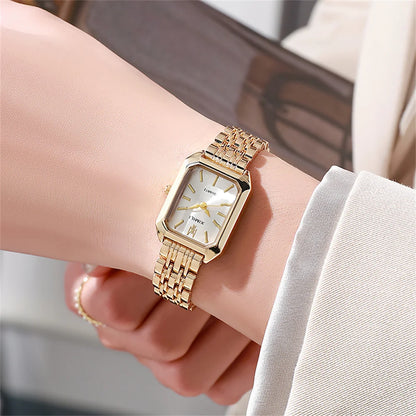 Relógio de Quartzo de Luxo de Senhora Moda Relógio de Quartzo de Escala Simples Quadrado Qualidade Banhado a Ouro Relógio de Mulher Relógio Dobrável de Aço Inoxidável