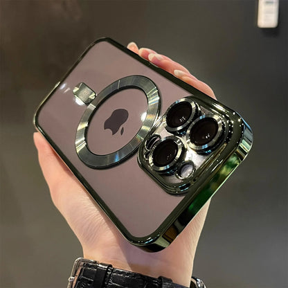 Chapeamento Magnético de Luxo Caso Transparente, Carregamento Sem Fio Magsafe, iPhone 11, 12, 13, 14, 15, 16 Pro Max Plus, Capa de Silicone à Prova de Choque