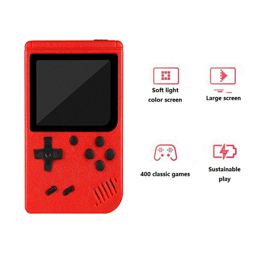 Um console de jogo pequeno portátil vermelho retrô clássico para crianças com centenas de carregamento de jogo pode ser conectado à TV